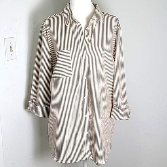 Catos Brown & White Stripe High-Low Shirt, Buttons Down the Back, Sz XL, NWT - Picture 3 of 12